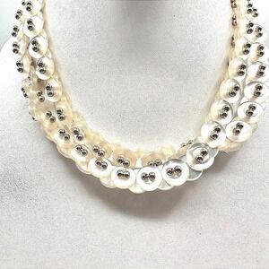 Vintage 90s White MOP Shell Button Collar Necklace Gold Tone‎ Beads Runway Style